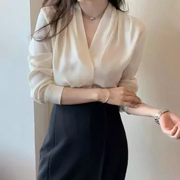 Весенне-осенняя женская рубашка с v-образным вырезом, атласная рубашка, пригородная, темпераментная, рабочая рубашка, профессиональная рубашка S белый