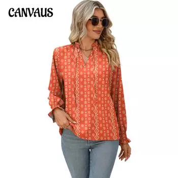 Весенне-осенняя женская рубашка с v-образным вырезом и оборками, легкая непроницаемая рубашка с завязками с принтом S оранжевый