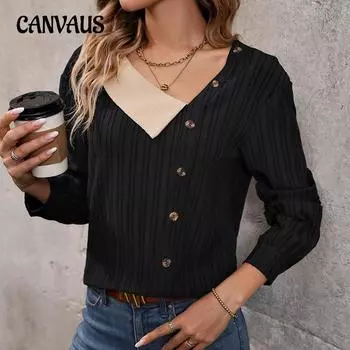 Весенне-осенняя женская рубашка с v-образным вырезом, темпераментный элегантный топ с длинными рукавами S чёрный