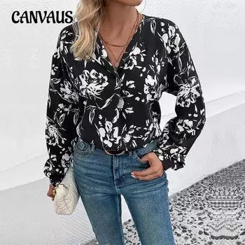 Весенне-осенняя женская рубашка с v-образным вырезом, модная темпераментная, элегантная черная блузка с принтом, топы с длинными рукавами S чёрный