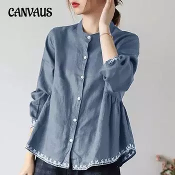 Весенне-осенняя женская рубашка с воротником-стойкой, большие размеры, хлопково-льняная свободные топы с длинными рукавами, однотонная литературная блузка с рюшами