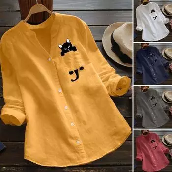 Весенне-осенняя женская рубашка с животным узором, однотонная, с V-образным вырезом, длинная S темно-синий