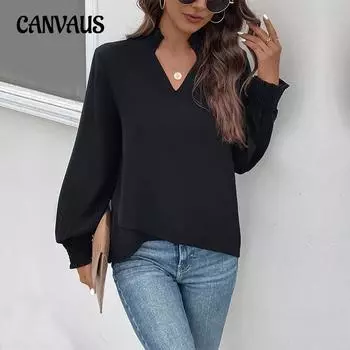 Весенне-осенняя женская рубашка, темпераментная сухая рубашка, однотонные женские рубашки с v-образным вырезом, топы S чёрный