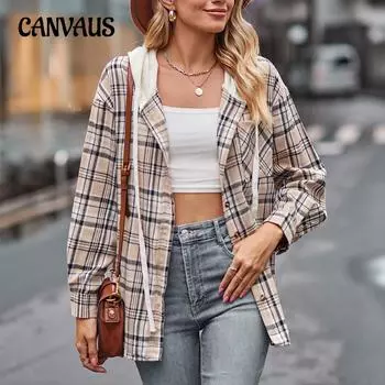 Весенне-осенняя женская рубашка, толстовка с капюшоном, удобная повседневная рубашка на пуговицах в клетку