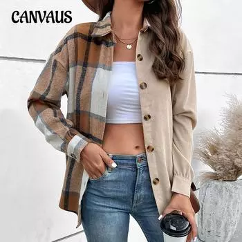 Весенне-осенняя женская рубашка в клетку с длинными рукавами, топы с цветными блоками, винтажная куртка-кардиган с лацканами S хаки