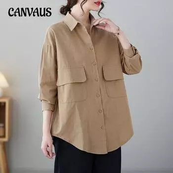 Весенне-осенняя женская рубашка в литературном стиле, топы с большими карманами в стиле ретро, свободная повседневная рубашка больших размеров с длинным рукавом большого размера M чёрный