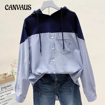 Весенне-осенняя женская рубашка в полоску, свободная толстовка с капюшоном, блузка с длинными рукавами, топы S чёрный