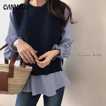 Весенне-осенняя женская рубашка в полоску, жилет из двух частей, темпераментный вязаный жилет, комплект рубашек с длинными рукавами M чёрный