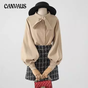 Весенне-осенняя женская рубашка в стиле ретро с галстуком-бабочкой, однобортная, темпераментная, с рукавами-фонариками, свободная повседневная рубашка, блузка S белый