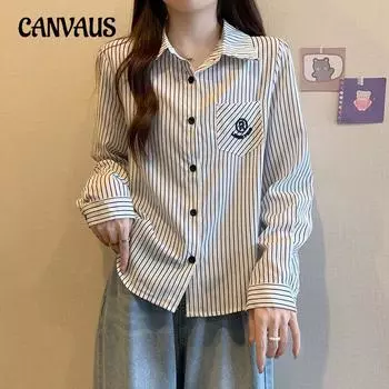 Весенне-осенняя женская рубашка в студенческом стиле, полосатая рубашка больших размеров, модная свободная рубашка с длинными рукавами и вышивкой, уменьшающая возраст M синий