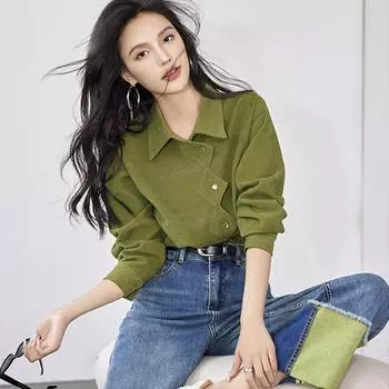 Весенне-осенняя женская рубашка, зеленая винтажная рубашка-поло с воротником с длинными рукавами, топы, нерегулярная тонкая рубашка S зелёный