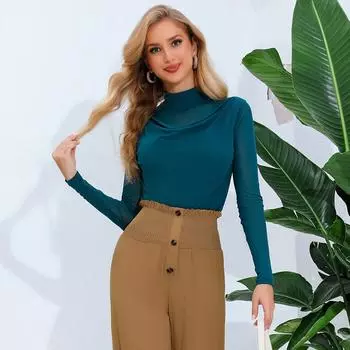 Весенне-осенняя женская сетчатая рубашка с низом, облегающий и сексуальный топ с длинным рукавом и открытым воротом M чёрный