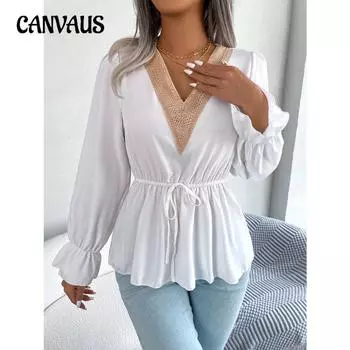 Весенне-осенняя женская шифоновая рубашка с длинным рукавом, повседневная шифоновая рубашка с v-образным вырезом и шнуровкой на талии, топы S белый