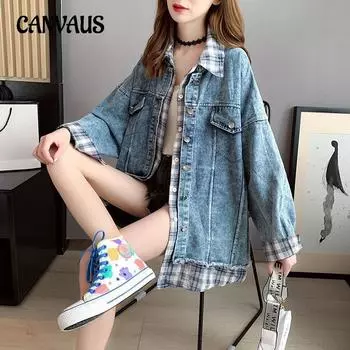 Весенне-осенняя женская свободная джинсовая куртка в клетку в клетку Tide S джинсовый синий