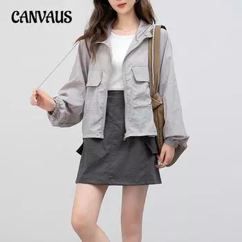 Весенне-осенняя женская свободная однотонная куртка с капюшоном и застежкой-молнией, с длинным рукавом, с защитой от солнца M розовый