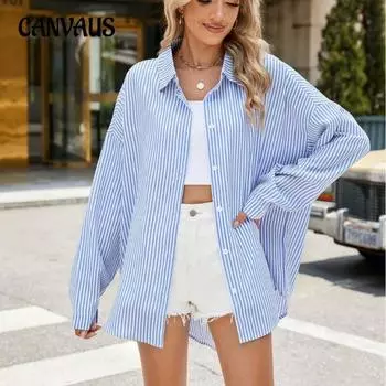 Весенне-осенняя женская свободная полосатая рубашка оверсайз в стиле BF с длинными рукавами S черный белый