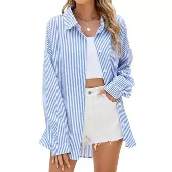 Весенне-осенняя женская свободная полосатая рубашка оверсайз в стиле BF с длинными рукавами S черный белый