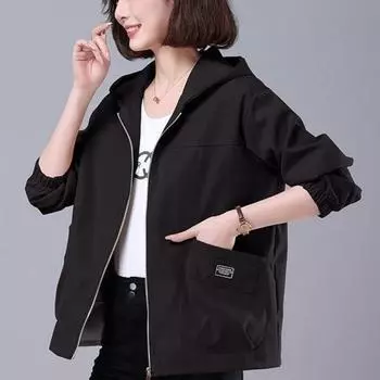 Весенне-осенняя женская свободная повседневная однотонная куртка с капюшоном XXXL чёрный