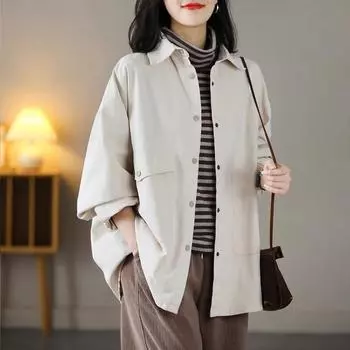 Весенне-осенняя женская свободная повседневная ветровка большого размера, корейская версия осенней куртки-рубашки с длинными рукавами XXL бежевый