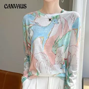 Весенне-осенняя женская свободная рубашка с длинными рукавами и круглым вырезом с принтом и вязаной нижней рубашкой M