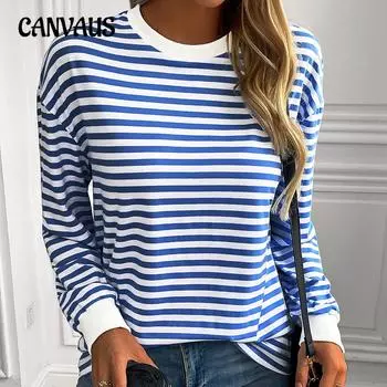 Весенне-осенняя женская свободная толстовка в синюю полоску больших размеров с круглым вырезом и длинными рукавами S розовый