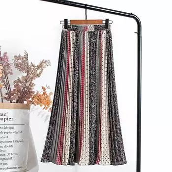 Весенне-осенняя женская темпераментная контрастная юбка трапециевидной формы средней длины с высокой талией в винтажном стиле с принтом и большими складками