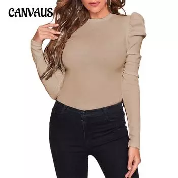 Весенне-осенняя женская теплая блузка, однотонный тонкий топ с круглым вырезом и длинными рукавами S хаки