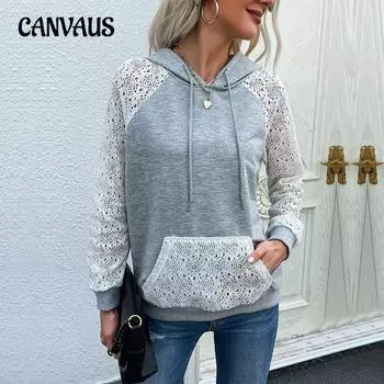 Весенне-осенняя женская толстовка, пуловер с капюшоном, кружевной полый лоскутный свитшот с капюшоном