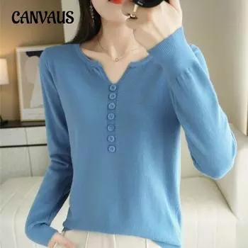 Весенне-осенняя женская трикотажная однобортная рубашка с v-образным вырезом, однотонный свитер с длинными рукавами, трикотажные топы M белый
