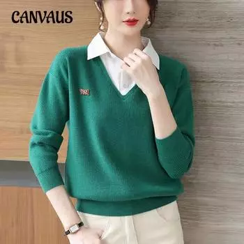 Весенне-осенняя женская трикотажная рубашка из двух частей, свитер из двух частей, пуловер с воротником рубашки, трикотажная нижняя рубашка, женская рубашка с длинным рукавом One Size красный