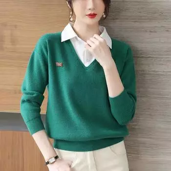 Весенне-осенняя женская трикотажная рубашка из двух частей, свитер из двух частей, пуловер с воротником рубашки, трикотажная нижняя рубашка, женская рубашка с длинным рукавом One Size красный