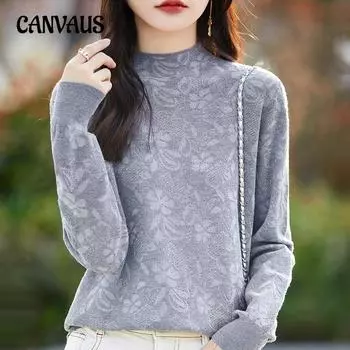 Весенне-осенняя женская трикотажная жаккардовая рубашка с высоким воротником и низом, свободный топ с длинными рукавами M белый