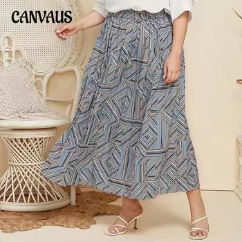 Весенне-осенняя женская юбка до половины тела, большой размер, плиссированная юбка до половины тела с геометрическим принтом, свободная длинная юбка