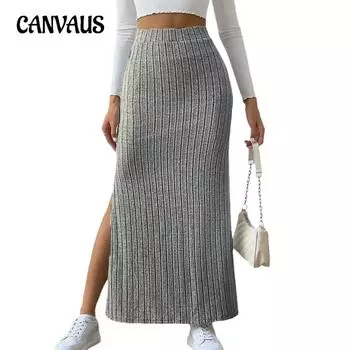 Весенне-осенняя женская юбка до половины тела с высокой талией и боковым разрезом, тонкая вязаная юбка до половины тела S чёрный