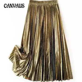 Весенне-осенняя женская юбка, металлическая плиссированная юбка, длинная юбка, юбка до половины тела One Size чёрный