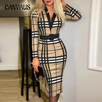 Весенне-осенняя женская юбка с цифровым принтом в клетку, длинными рукавами, V-образным вырезом, высокой талией, темпераментное платье с поясом