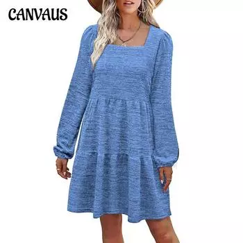 Весенне-осенняя женская юбка с квадратным вырезом, женское многослойное лоскутное платье с длинными рукавами S хаки