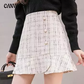 Весенне-осенняя женская узкая юбка с высокой талией и оборками в клетку на пуговицах, длиной до пола M чёрный