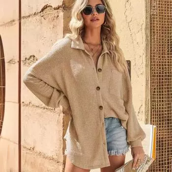 Весенне-осенняя женская вафельная повседневная рубашка, однотонный свободный кардиган с длинными рукавами, трикотаж S хаки