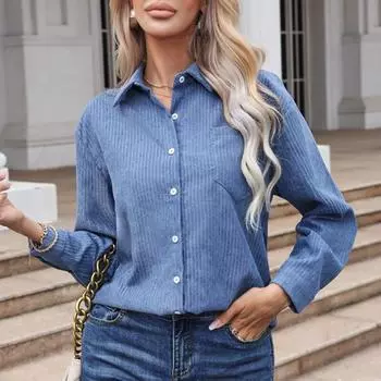 Весенне-осенняя женская вельветовая блузка, повседневная женская рубашка со свободными рукавами, топы, элегантные однотонные офисные полосатые блузки 29308 S коричневый