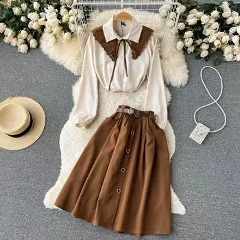 Весенне-осенняя женская винтажная литературная кружевная лоскутная рубашка с лацканами, топ и эластичная талия, юбка-миди трапециевидной формы, комплект из двух предметов L чёрный