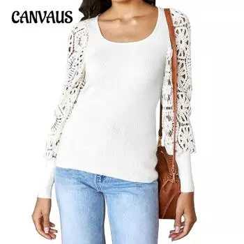Весенне-осенняя женская вязаная блузка, полый кружевной пуловер, свободный однотонный топ с длинными рукавами S белый