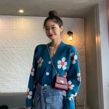 Весенне-осенняя женская вязаная куртка в стиле колледжа с цветочным узором, свободный V-образный вырез, осенне-зимний толстый свитер, кардиган, женские топы, короткая секция One Size морская волна
