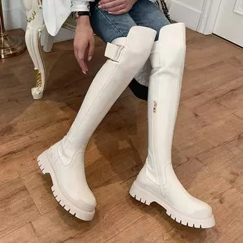 Весенне-зимняя обувь из натуральной кожи, эластичные женские сапоги на платформе 35