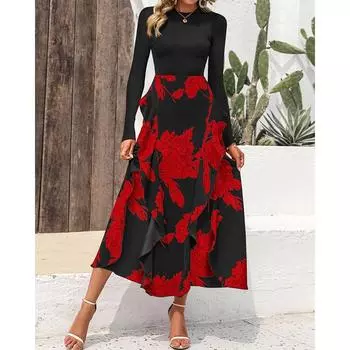 Весеннее элегантное облегающее женское повседневное платье с длинным рукавом, модное осеннее винтажное длинное платье с принтом и высокой талией, сексуальное вечернее платье А-силуэта 25943 S красный