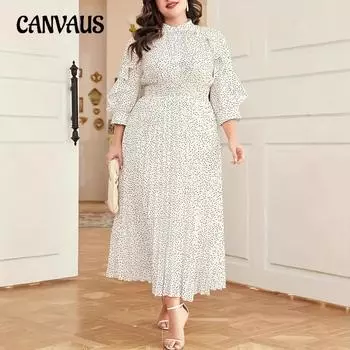 Весеннее элегантное платье с оборками на рукавах и талией, платья больших размеров с принтом в горошек L белый