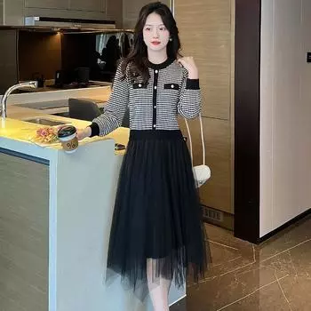 Весеннее черное вязаное лоскутное сетчатое длинное платье для женщин, осенние элегантные корейские платья с длинными рукавами S