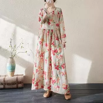 Весеннее цветное платье из хлопка и льна с круглым вырезом и рукавами в стиле ретро для женщин L