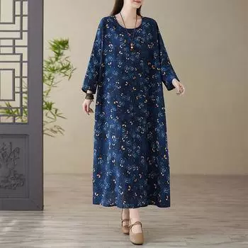 Весеннее цветное платье в стиле «отпуск», для путешествий в стиле ретро, свободное, повседневное, большого размера, с длинными рукавами, из хлопка и льна one size