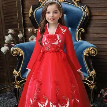 Весеннее детское платье Hanfu для девочек в стиле Тан, вышитое в стиле Древней Сказки, юбка, платья для вечеринок и банкетов 110cm красный